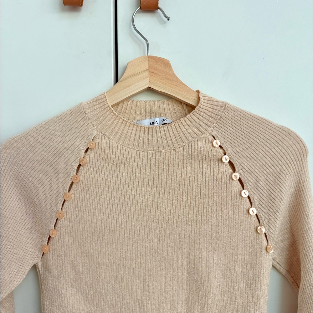 Beige Ribbed Long Sleeve Top with Mini Buttons